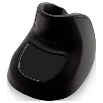 Ein schwarzer Rasiererladestander mit elegantem, kompaktem Design, der eine geschwungene, ergonomische Form besitzt, die sich ideal zum Halten und Laden des Geräts eignet.