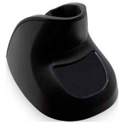 Eine schwarze ergonomische Vertikalmaus, die darauf ausgelegt ist, Belastungen am Handgelenk und an der Hand zu reduzieren.