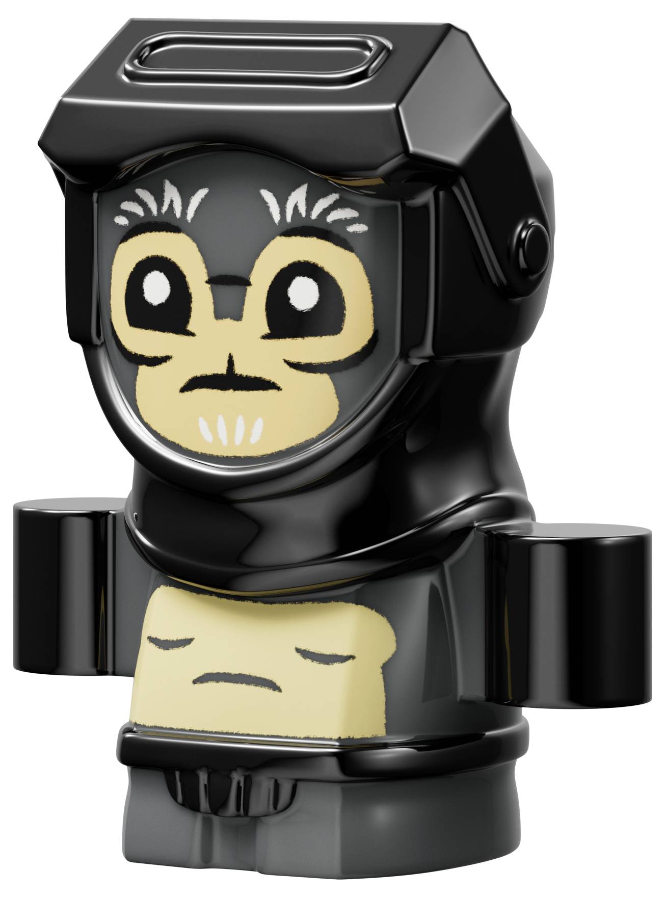 Eine schwarze Spielzeugfigur mit einem Helm und einem Affengesicht, mit neutralem Gesichtsausdruck.