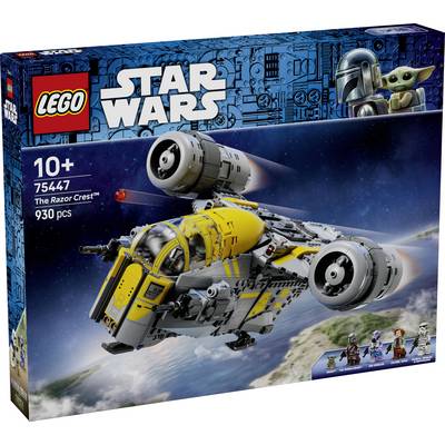LEGO-Setbox für "Star Wars: The Razor Crest" mit dem Schiff vor einem Weltraum-Hintergrund, gekennzeichnet mit "10+", 930 Teile.