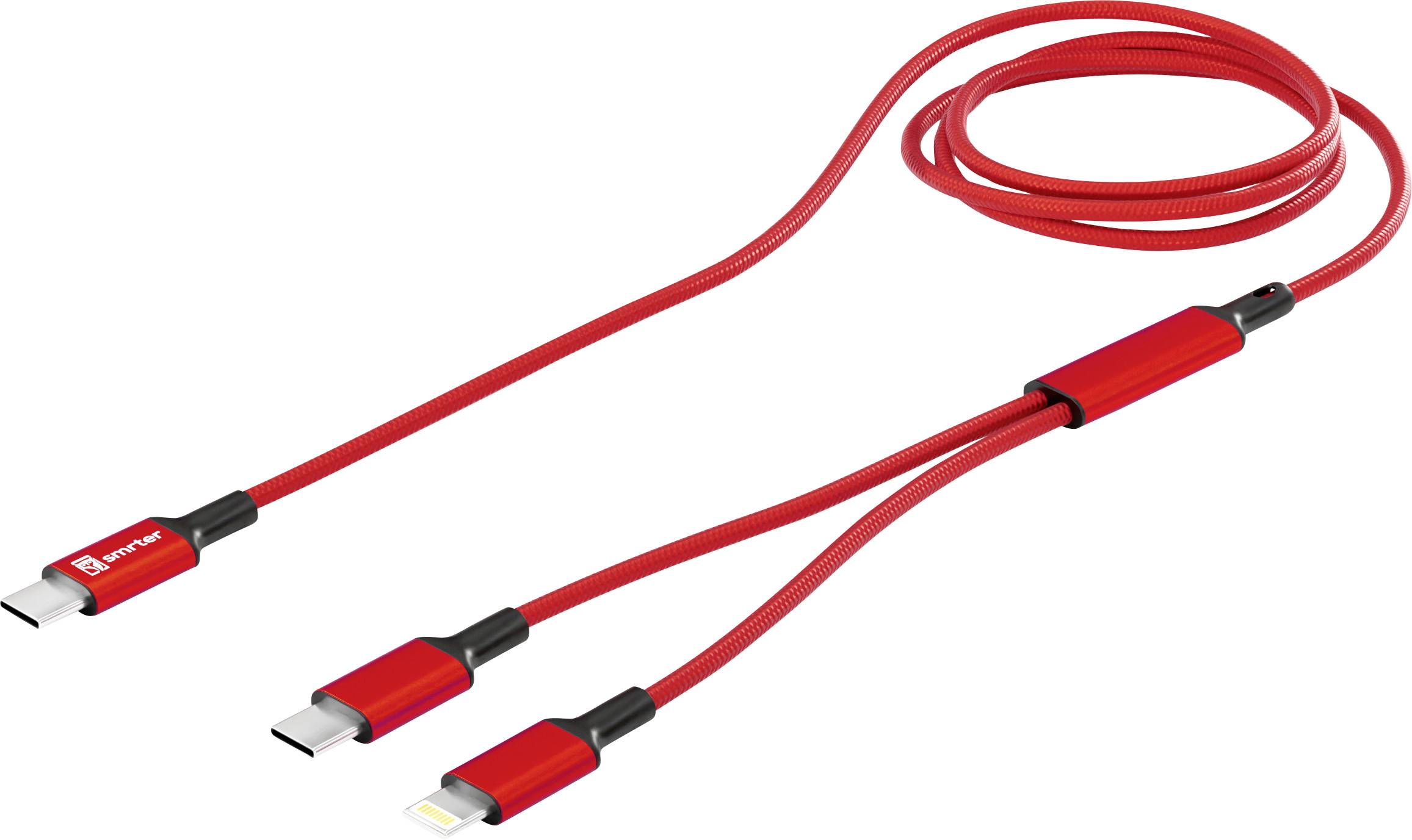 Smrter USB-C® Y-Kabel USB-C®, Apple Lightning Stecker 120 cm Rot Aluminium-Stecker, Stoff-Ummantelung, mit OTG-Funktion ...