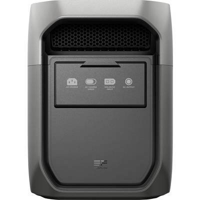 Tragbare Powerstation mit vier Anschlüssen und einem digitalen Display, das 100% Ladung anzeigt. Der Markenname EcoFlow ist seitlich sichtbar.