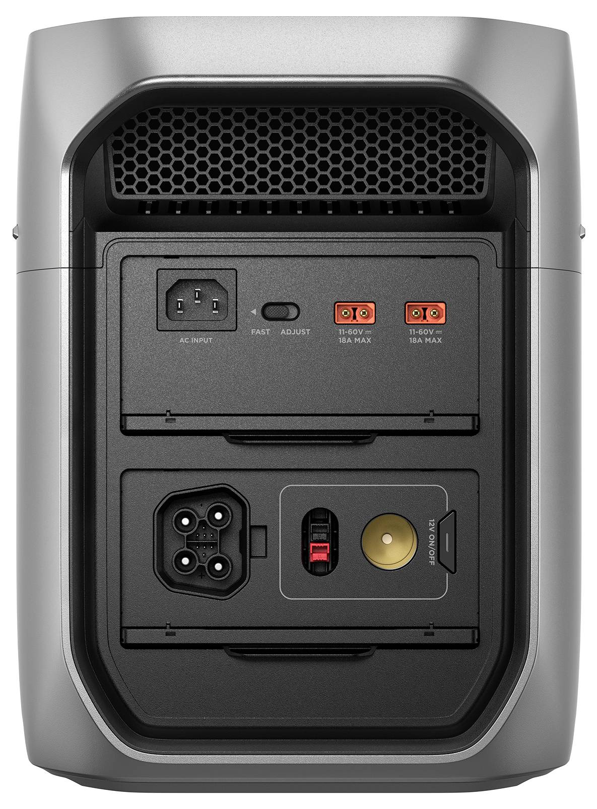 Rückansicht eines Kraftwerks mit AC-Eingang, Schnell-/Einstellumschalter, mehreren Anschlüssen und Steckern für Stromein- und -ausgang.