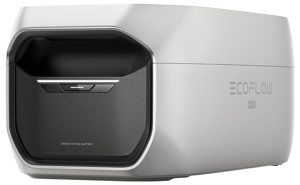 Ein silberner rechteckiger Apparat mit dem 'EcoFlow'-Logo an der Seite, der einer Batterie oder Energiespeichereinheit ähnelt, möglicherweise ein zusätzliches Batteriemodul.