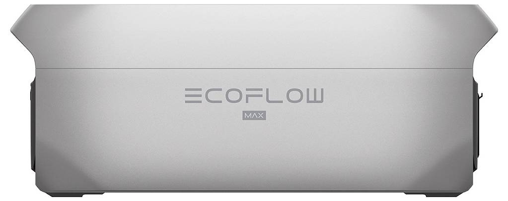 Das Bild zeigt die Frontansicht einer EcoFlow Max tragbaren Powerstation in einem eleganten, grauen Design.