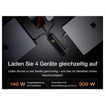 Eine Ladezentrale mit vier verbundenen Geräten. Text lautet: ‚Laden Sie 4 Geräte gleichzeitig auf,' mit Hervorhebung von 140W Ausgang und 300W Gesamtunterstützung.