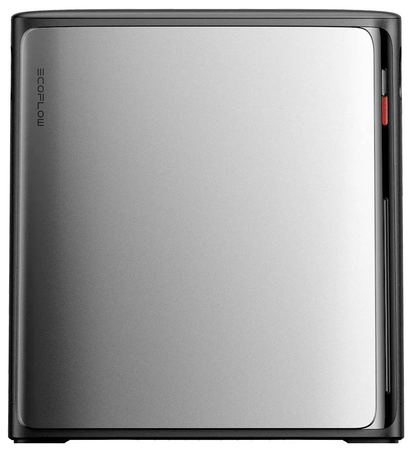 Eine elegante silberne EcoFlow Powerstation, Frontansicht, mit minimalistischem Design und einem roten Akzent an der Seite.