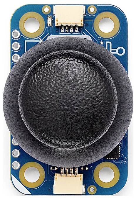 Ein blaues elektronisches Modul mit einem großen, schwarzen, kuppelförmigen Joystick in der Mitte, ausgestattet mit Anschlüssen und Schaltkreismustern um ihn herum.