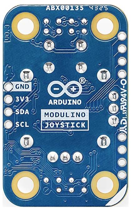 'Modulino Joystick' Leiterplatte mit Beschriftungen 'GND', '3V3', 'SDA', 'SCL'; ausgestattet mit elektronischen Komponenten und Anschlüssen.