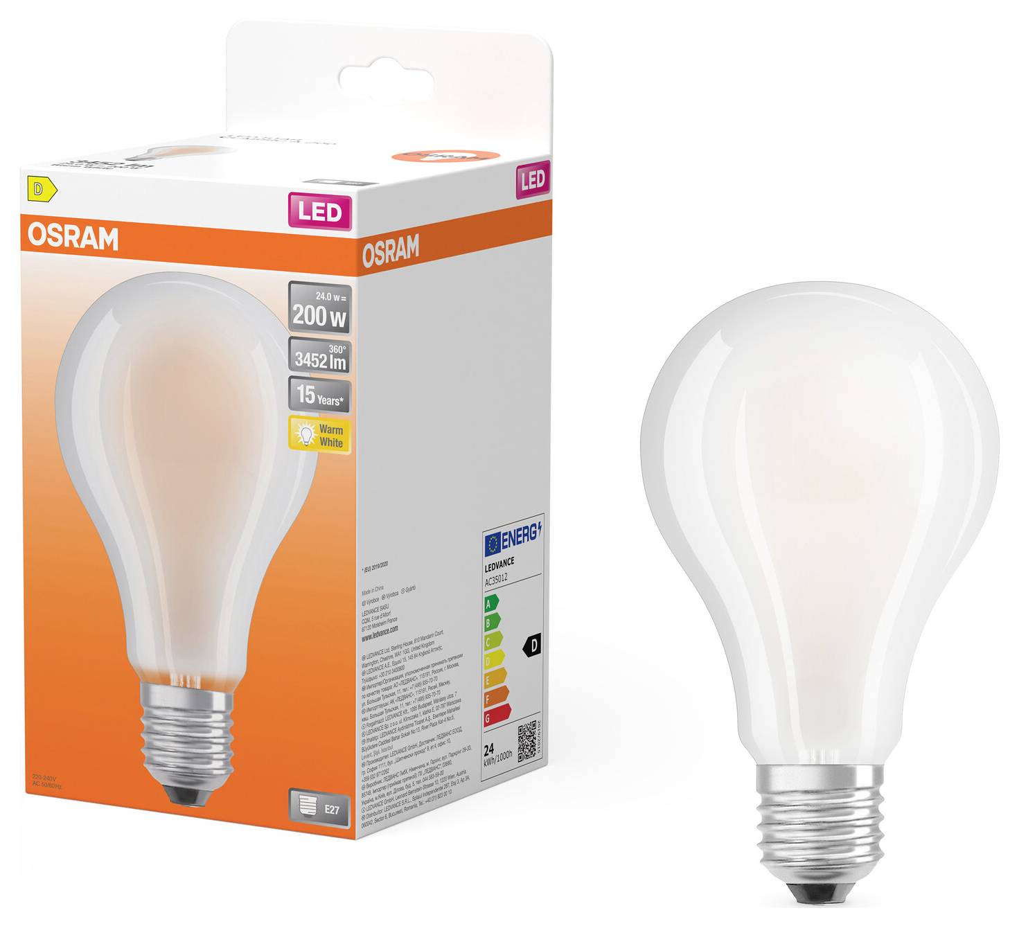 Eine verpackte LED-Glühbirne neben ihrer Verpackung. Die Verpackung trägt die Aufschrift 'OSRAM', gibt die Helligkeit mit '3452 lm' an und weist eine Energieeffizienzklasse von 'D' aus.