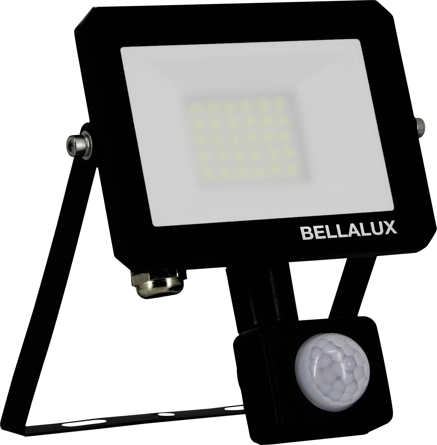 Eine schwarze LED-Flutlichtleuchte mit Bewegungssensor, gekennzeichnet mit 'BELLALUX', montiert auf einem verstellbaren Halterungsarm.