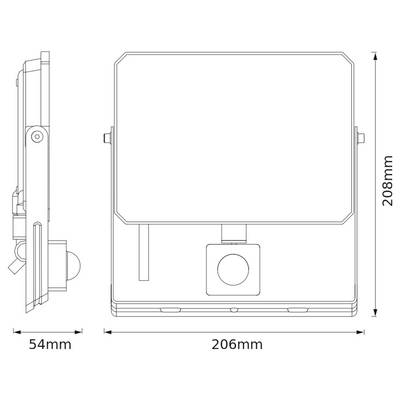 Technische Zeichnung eines rechteckigen Geräts mit Abmessungen: Breite 54 mm, Höhe 208 mm, Tiefe 206 mm. Seiten- und Frontansicht dargestellt.