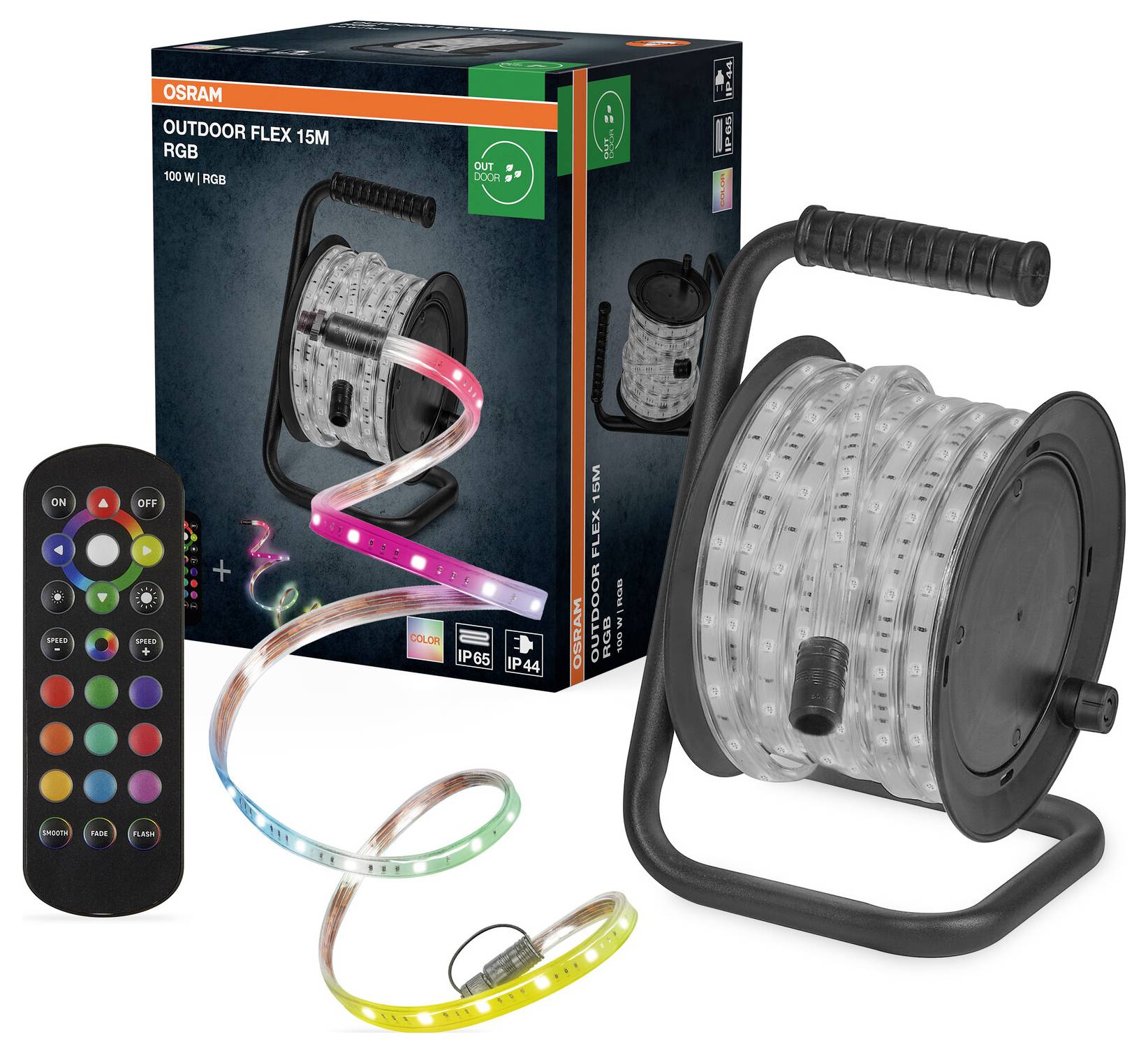 Eine gewickelte 15-Meter-RGB-LED-Leiste mit Fernbedienung und Verpackung, mit Kennzeichnung für den Außeneinsatz.