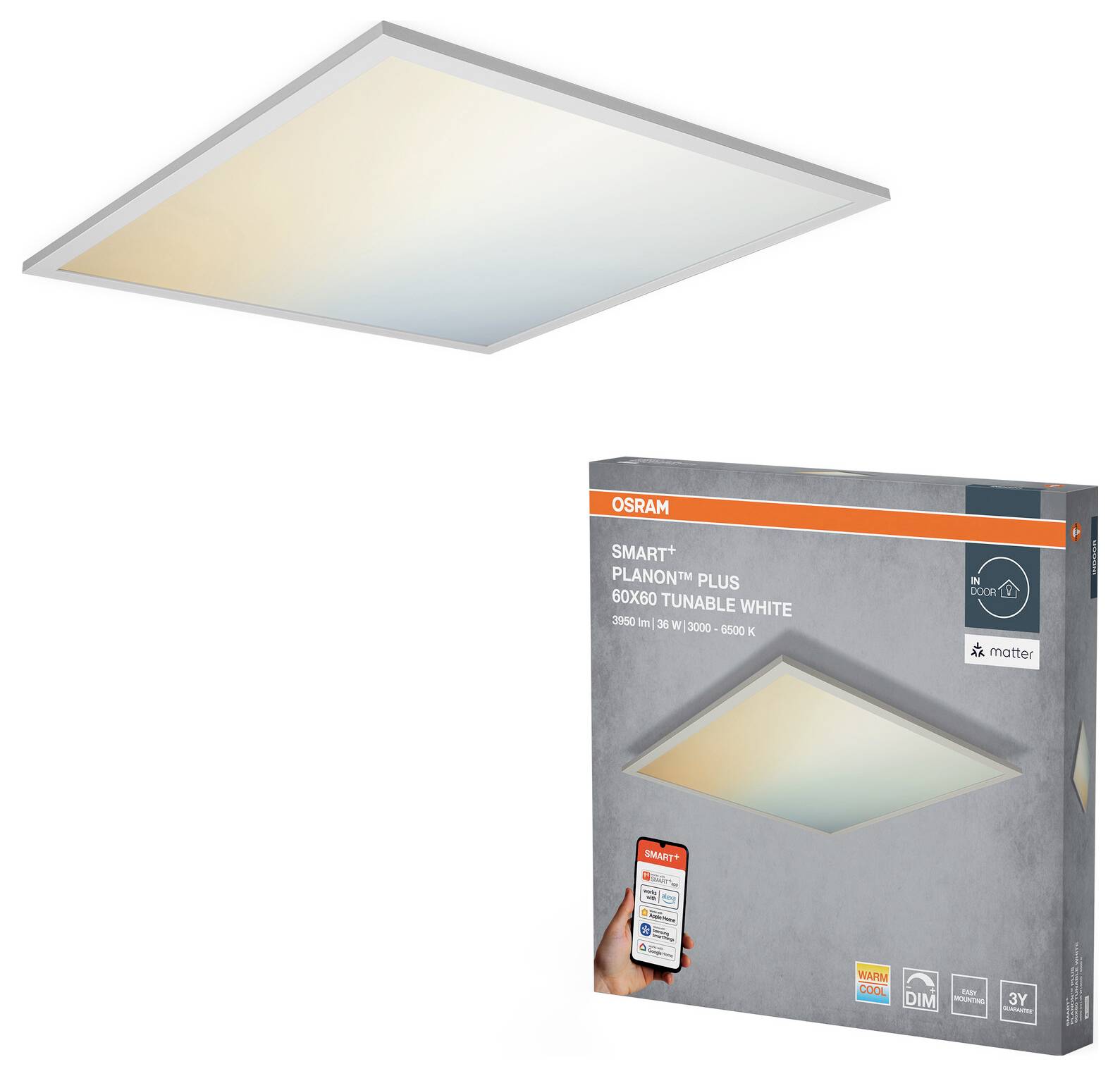 Ein quadratisches Deckenbeleuchtungspanel mit einstellbarer Farbtemperatur. Die Verpackung zeigt eine App-gesteuerte Funktion zur Lichtanpassung.