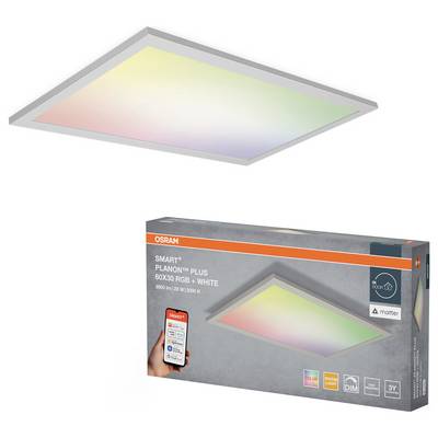 Eine quadratische LED-Panelleuchte mit Mehrfarbenfunktion, neben ihrer Verpackung, die das Licht zeigt und die Smart-Home-Integration hervorhebt.