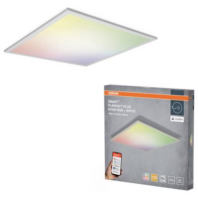 LED-Deckenplatte und deren Verpackung mit 'Smart+ Planon', ausgestattet mit RGB- und Weißlicht, kompatibel mit Smart-Home-Systemen, per App steuerbar.