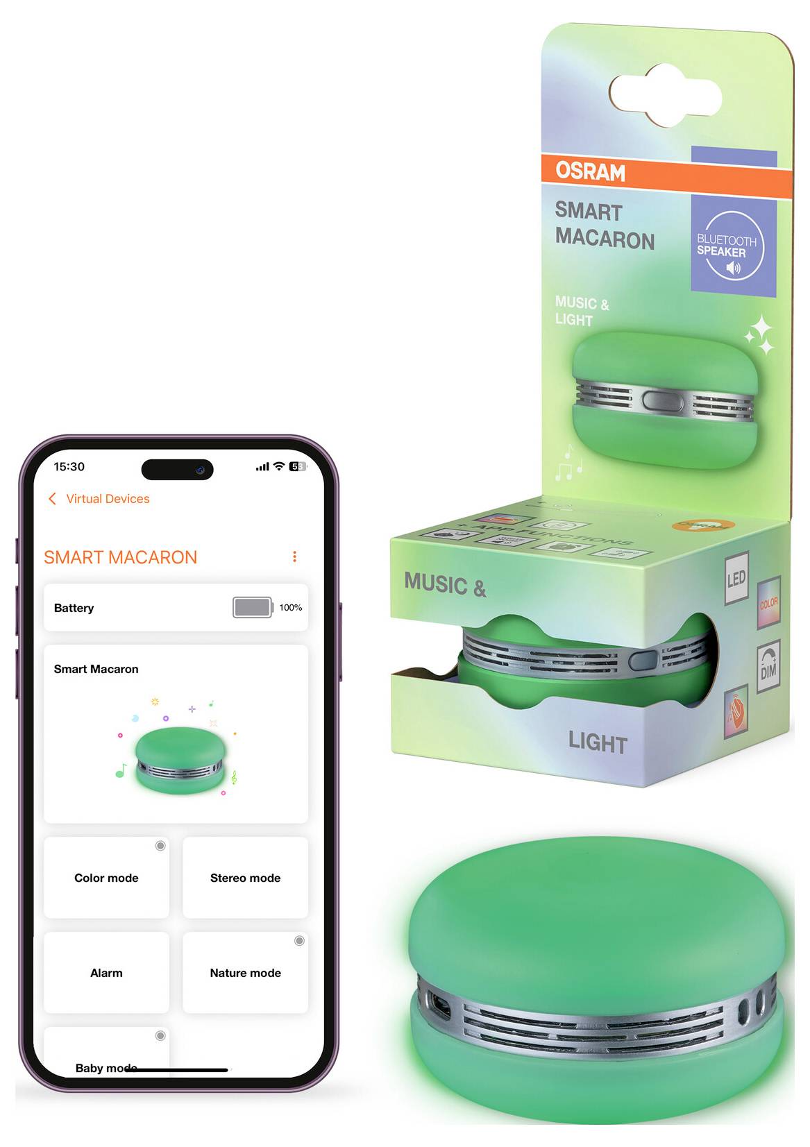 Eine Smartphone-App, die Einstellungen für ein 'SMART MACARON' Licht- und Lautsprechergerät anzeigt. Verpackung und das grüne Gerät sind sichtbar.