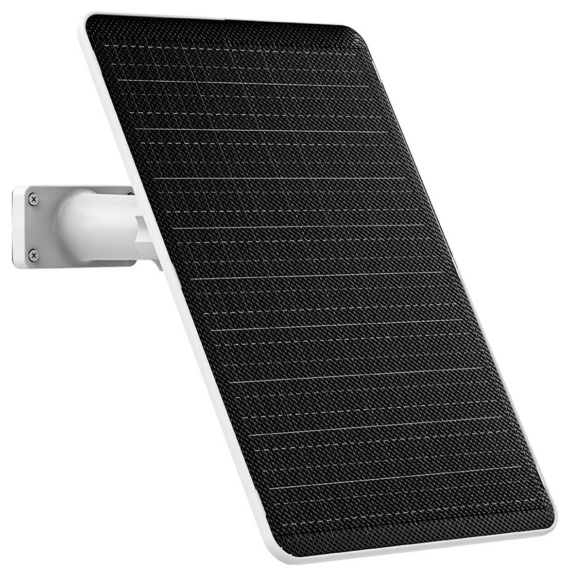 Ein schwarzes Solarpanel, das an einer weißen, schrägen Halterung vor einem weißen Hintergrund montiert ist und für eine effiziente Solarenergie-Gewinnung konzipiert wurde.