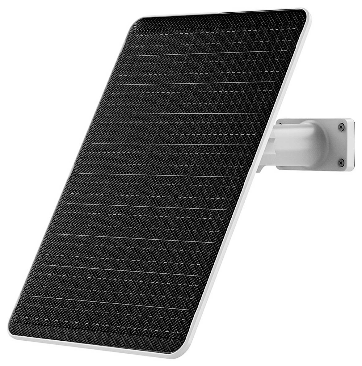 Ein rechteckiges Solarpanel, das an einem weißen Halter vor einem einfarbigen Hintergrund befestigt ist. Das Panel verfügt über ein Raster aus dünnen weißen Linien.