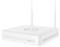 Weißer drahtloser Router mit zwei Antennen und LED-Anzeigen auf der Frontplatte für Stromversorgung, Festplatte und LAN-Status.