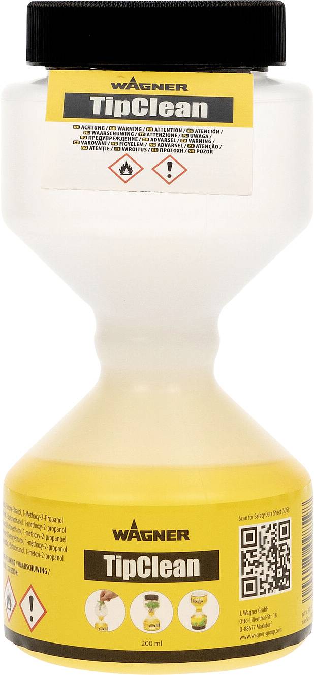 'Wagner TipClean' Flasche mit Sicherheitswarnsymbolen und einem QR-Code, entwickelt zum Reinigen und Warten von Sprühdüsen und Düsenspitzen.