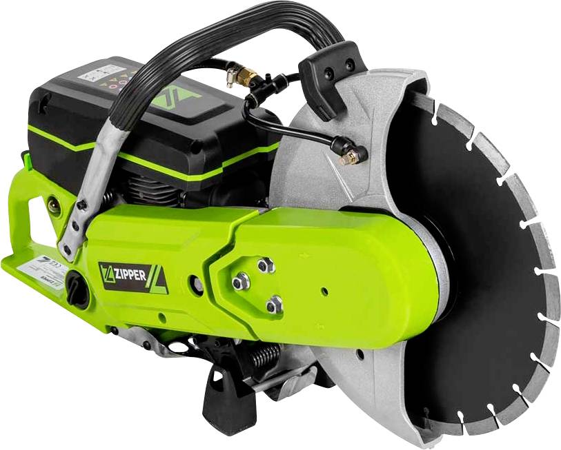 Eine grüne und schwarze Kreissäge mit einer Kreissägeblatt, der Marke 'Zipper', entwickelt zum Schneiden von Materialien wie Beton oder Metall.