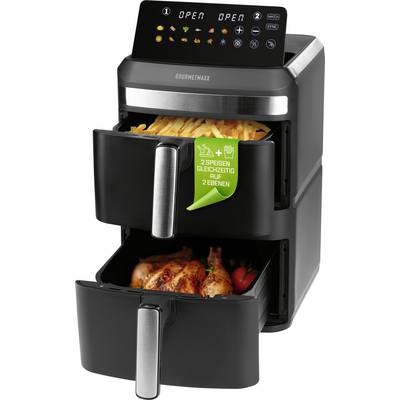 'GOURMETmaxx' Dual-Korb-Heißluftfritteuse mit digitaler Anzeige, zeigt Temperatureinstellungen von 200°C für beide Körbe, Icons für Kochmodi unterhalb des Displays.