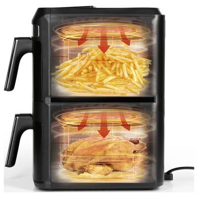 Eine Hand interagiert mit dem Touchscreen eines schwarzen Heißluftfritters, auf dem Temperatureinstellungen und verschiedene Lebensmittel-Symbole angezeigt werden.