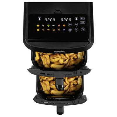 Draufsicht eines schwarzen Heißluftfryers mit zwei Körben, die mit goldbraun gebackenen Kartoffelecken gefüllt sind, was eine praktische Dual-Kochfunktion zeigt.