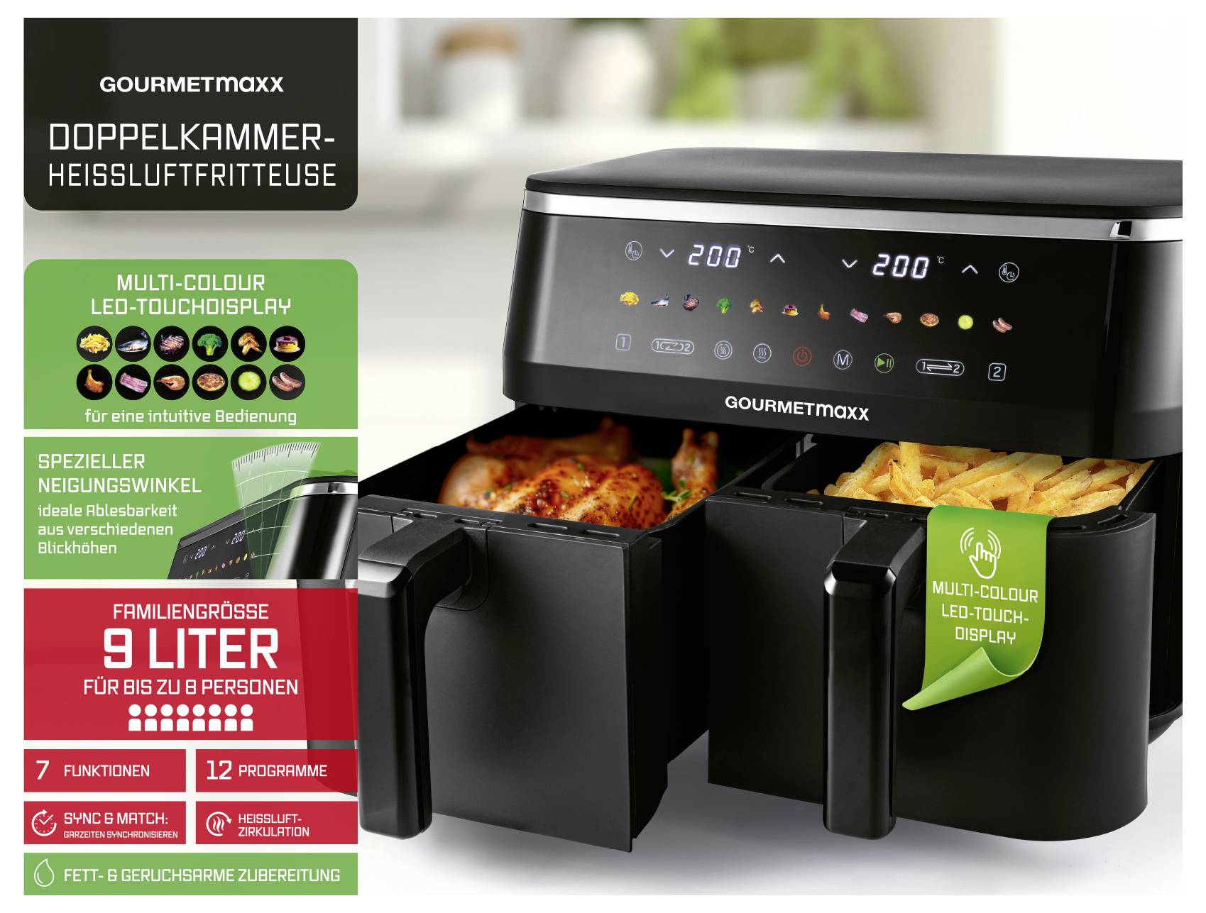 Doppelkammmer-Heißluftfritteuse von Gourmetmaxx mit LED-Touch-Display, 9 Liter Fassungsvermögen, geeignet für Familien, 7 Funktionen.
