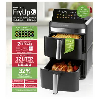 'GOURMETmaxx FryUp XL' Heißluftfritteuse mit 2 Frittierkörben, 12 Liter Kapazität, Touchdisplay. Familientauglich für bis zu 10 Personen.