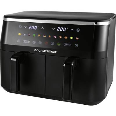 Ein Dual-Korb-Heißluftfritteuse mit digitalem Display, das eine Temperatur von 200°C anzeigt. Verschiedene Lebensmittel-Icons sind beleuchtet und zeigen Voreinstellungsoptionen an.