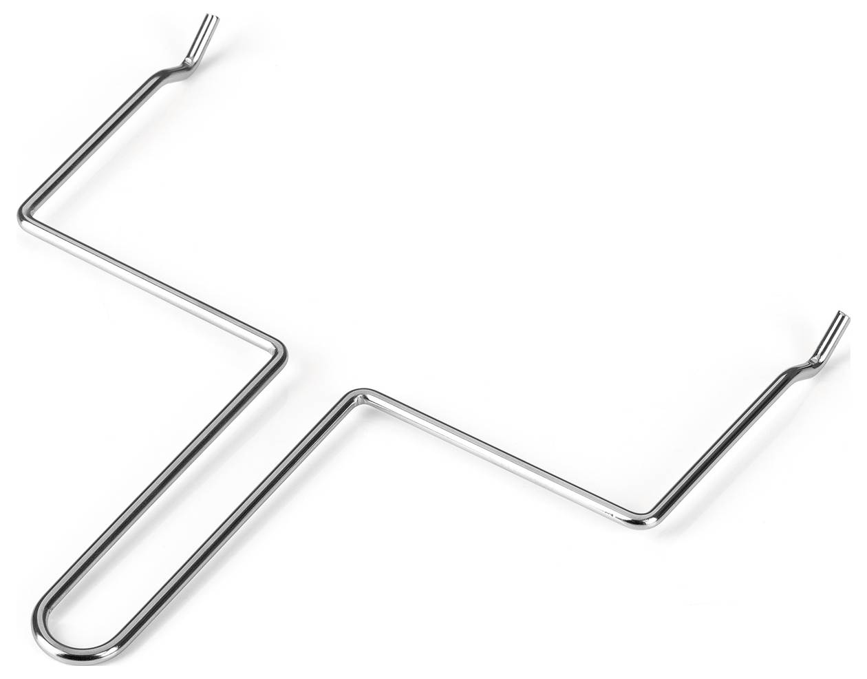 Ein Metallkleiderbügel mit einer gewellten Gestaltung, versehen mit zwei Haken an der Oberseite, vor einem schlichten weißen Hintergrund.