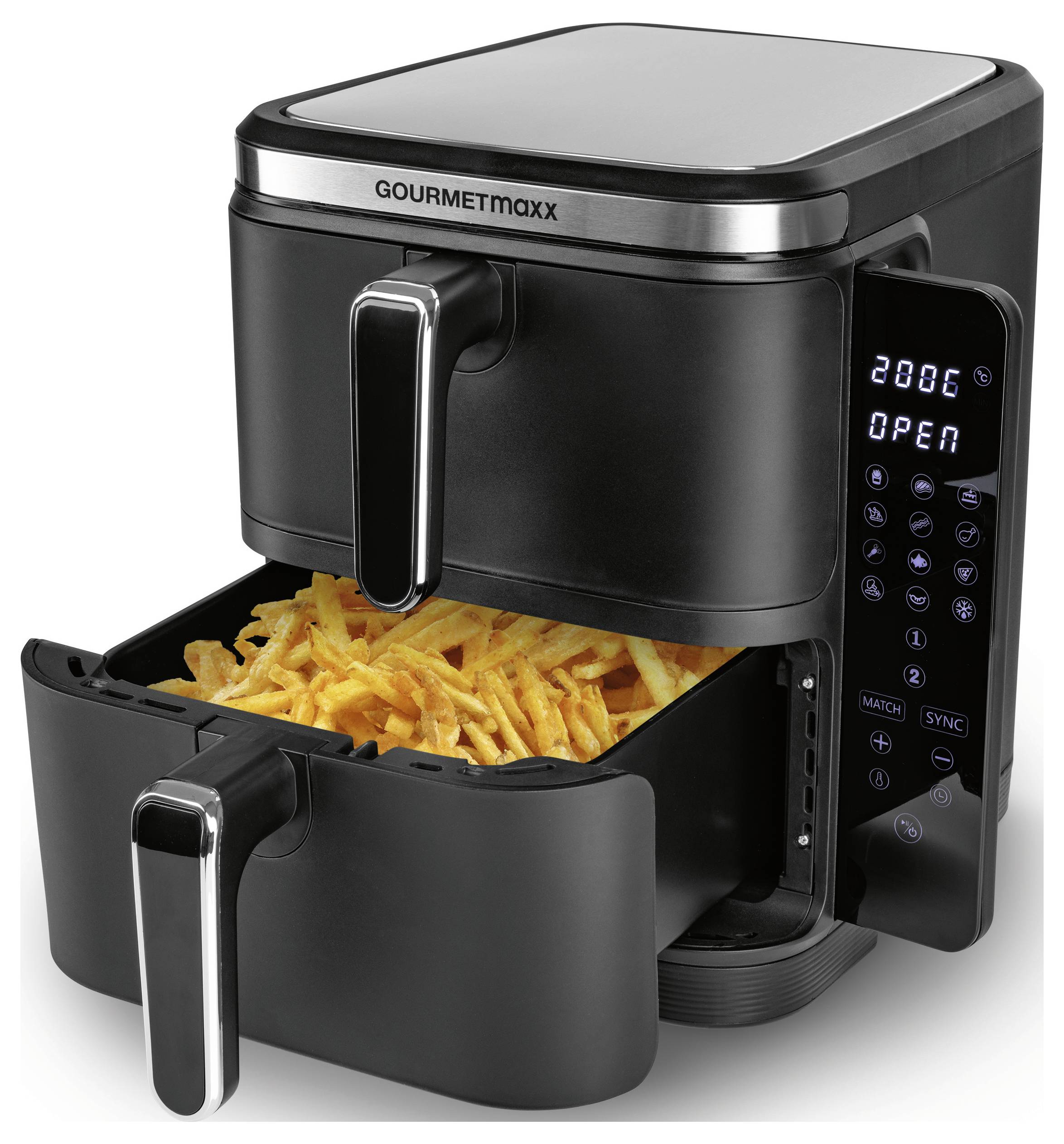 Ein schwarzer Heißluftfritteuse mit digitaler Steuerung ist geöffnet und zeigt Pommes frites im Inneren. Das Display zeigt '200°C' und 'OFFEN'.