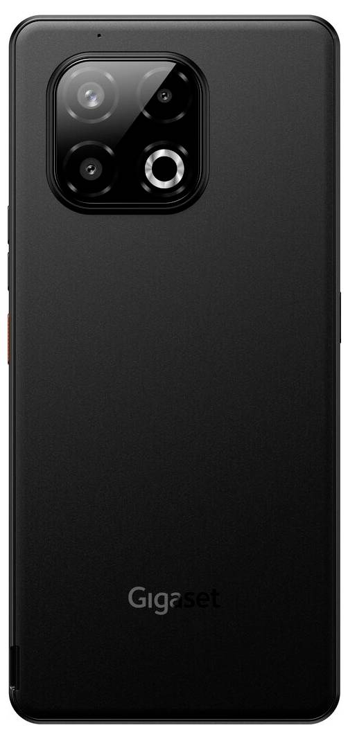 Ein schwarzes Smartphone von hinten, mit elegantem Design und einem quadratischen Kameramodul in der linken oberen Ecke. Die Marke 'Gigaset' ist sichtbar.