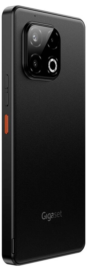 Schlankes schwarzes Smartphone mit einer Dual-Kamera-Anordnung auf der Rückseite, mit sichtbaren Tasten an der Seite und dem Markennamen Gigaset am unteren Rand.