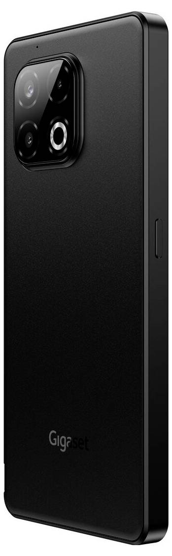 Schwarzes Smartphone mit drei Kameraobjektiven auf der Rückseite, auf der das 'Gigaset'-Logo nahe dem unteren Rand angebracht ist.