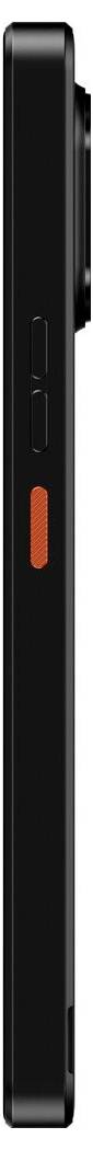 Seitenansicht eines schwarzen Smartphones mit einer hervorstehenden Kamera und einem orangefarbenen Knopf an der Seite.