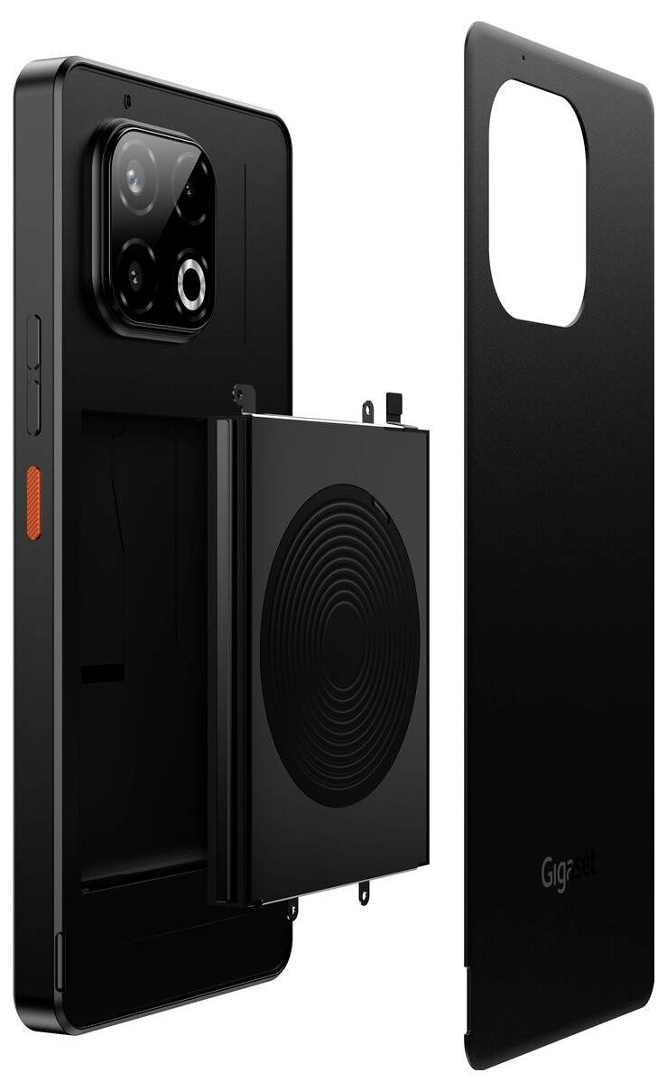 Smartphone mit herausnehmbarem Akku und separiert abgebildeter Rückseite, das sein modulares Design und seine Funktionalität präsentiert.