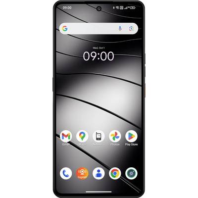 Smartphone-Bildschirm, der die Uhrzeit 09:00 und das Datum zeigt, mit App-Symbolen für Gmail, Maps, Notizen, Fotos, Play Store und weiteren auf einem eleganten schwarzen Hintergrund.