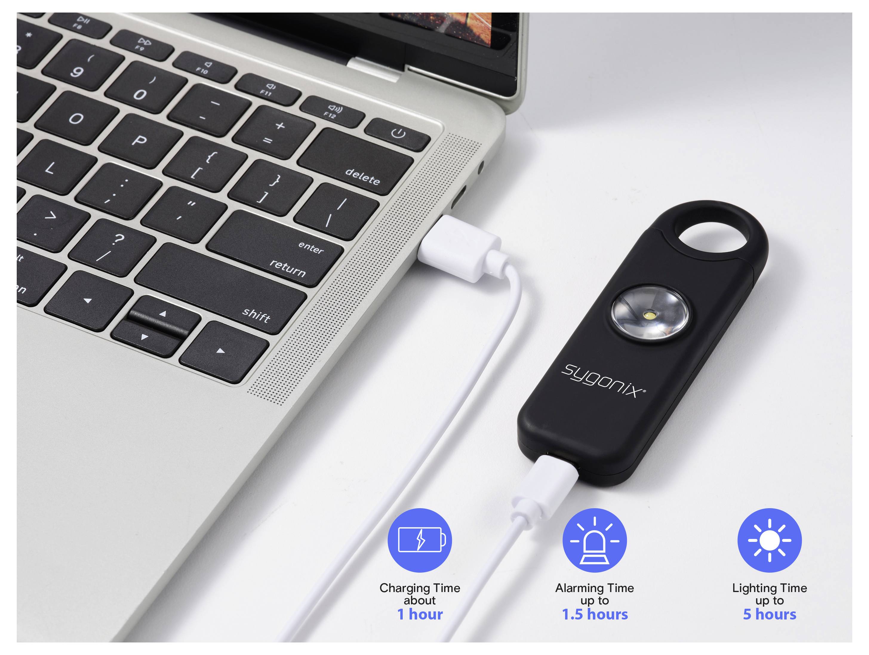 USB-aufladbares Schwarzlichtgerät, das mit einem Laptop verbunden ist, mit Symbolen, die eine Ladezeit von etwa 1 Stunde, eine Alarmzeit von bis zu 1,5 Stunden und eine Leuchtdauer von bis zu 5 Stunden anzeigen.