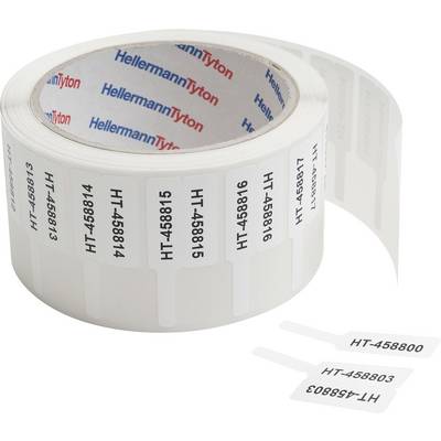 Eine Rolle weißer Etiketten mit aufgedruckten Seriennummern von 'HT-458815' bis 'HT-458800', wobei einige Etiketten abgezogen wurden.
