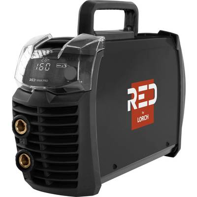 Eine tragbare Schweißmaschine mit digitaler Anzeige, die '160' zeigt. Sie verfügt über ein rotes 'RED by LORCH' Logo, einen Tragegriff und zwei Anschlüsse.