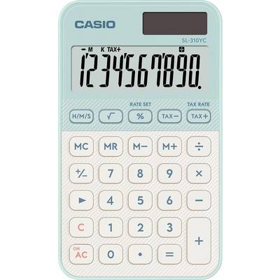 Ein hellgrüner Taschenrechner mit großem Display, das die Ziffern '1234567890' zeigt. Ausgestattet mit Funktionen wie Prozentberechnung, Steuerberechnung und Speicherabruf.