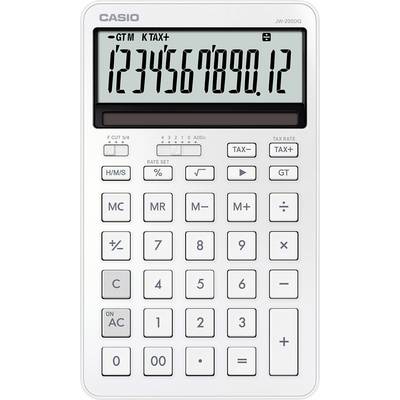 Ein weißer Taschenrechner zeigt die Zahlen '1234567890,12' auf seinem Display. Er verfügt über verschiedene Funktionstasten, einschließlich Steuer- und Speicherfunktionen.