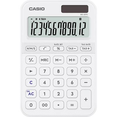 Eine weiße Casio-Rechner, der '1234567890,12' auf seinem Display zeigt, mit sichtbaren Funktions- und Nummertasten.