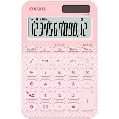 Rosa Taschenrechner mit der Anzeige '1234567890,12'. Casio-Marke mit Steuerfunktionen, Prozent- und Speichertasten.