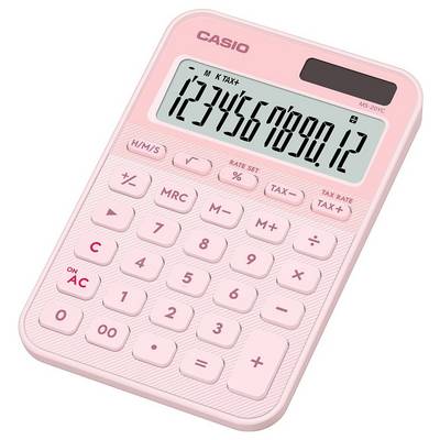 Ein rosa Taschenrechner mit einer digitalen Anzeige, die '1234567890,12' zeigt. Er verfügt über grundlegende Funktionen wie Addition, Subtraktion und Speicherfunktion.