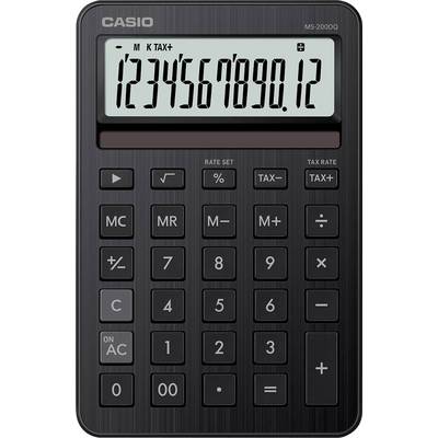 Ein schwarzer Casio-Taschenrechner, der die Zahlen '1234567890.12' auf seinem Display zeigt. Der Rechner verfügt über standardmäßige Funktionstasten.