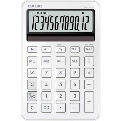 Ein Casio-Taschenrechner, der die Zahlen '1234567890,12' auf seinem Display zeigt, mit Steuer- und Speicherfunktionen, in weißem Gehäuse.
